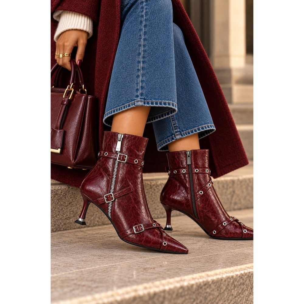 Kenneth Cole New York Umi Biker Booties Red Leather Kitten Heel Size 7 NEW